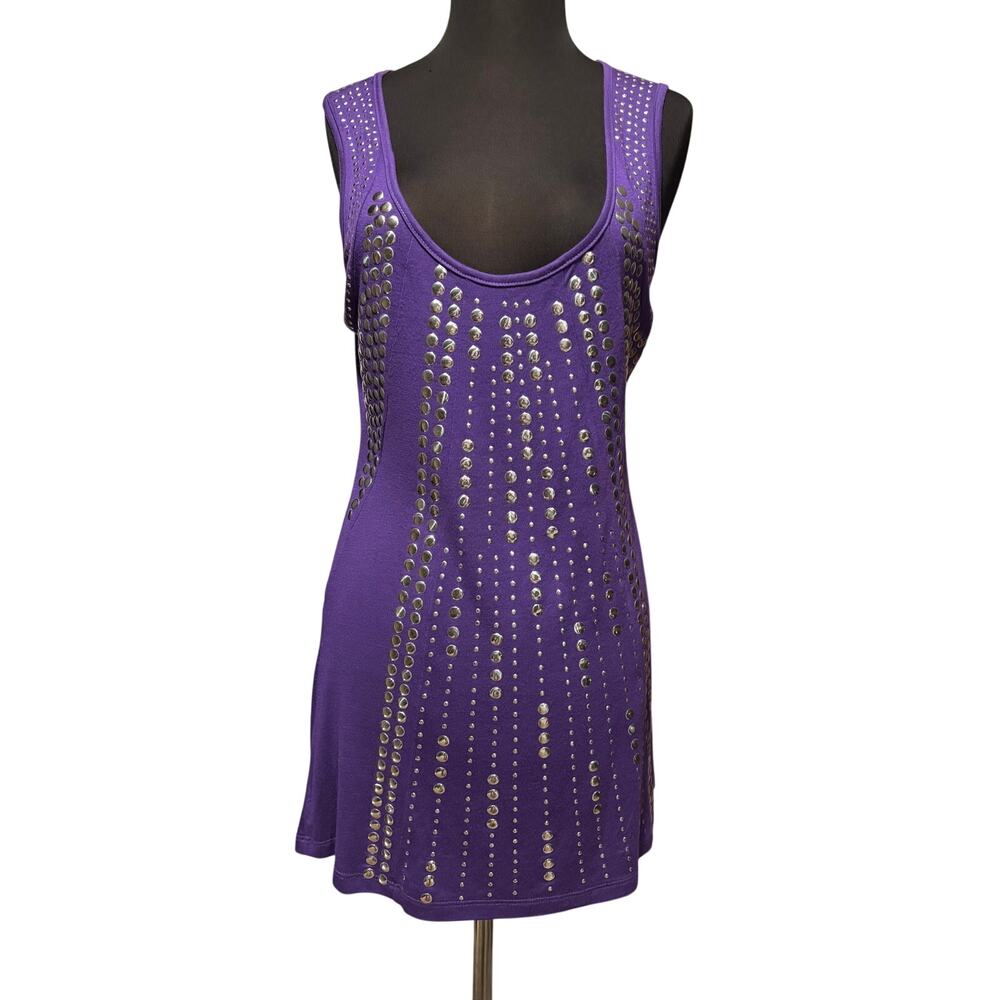 Cache Purple Tunic Top Silver Metal Embellish Keyhole Back Stretch Sleeveless